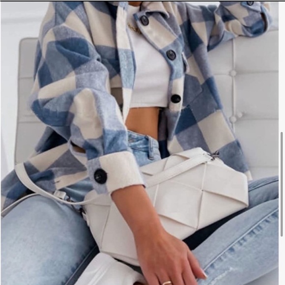 4 Blue Warm Brushed Soft Plaid Checker Flannel Pocket Shacket - Picture 5 of 8